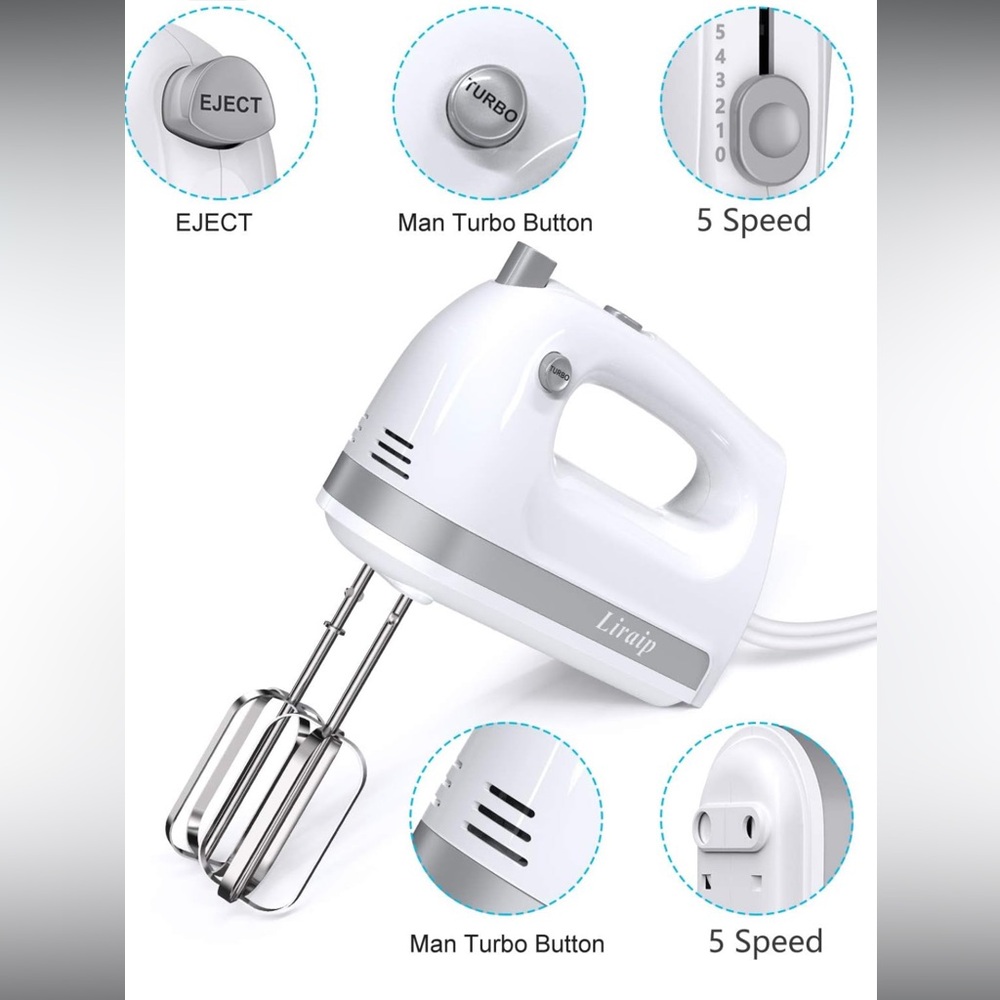 Liraip Electric Hand Mixer 5 Speed 400W Turbo with 5 Stainless Steel Accessories - Picture 4 of 7